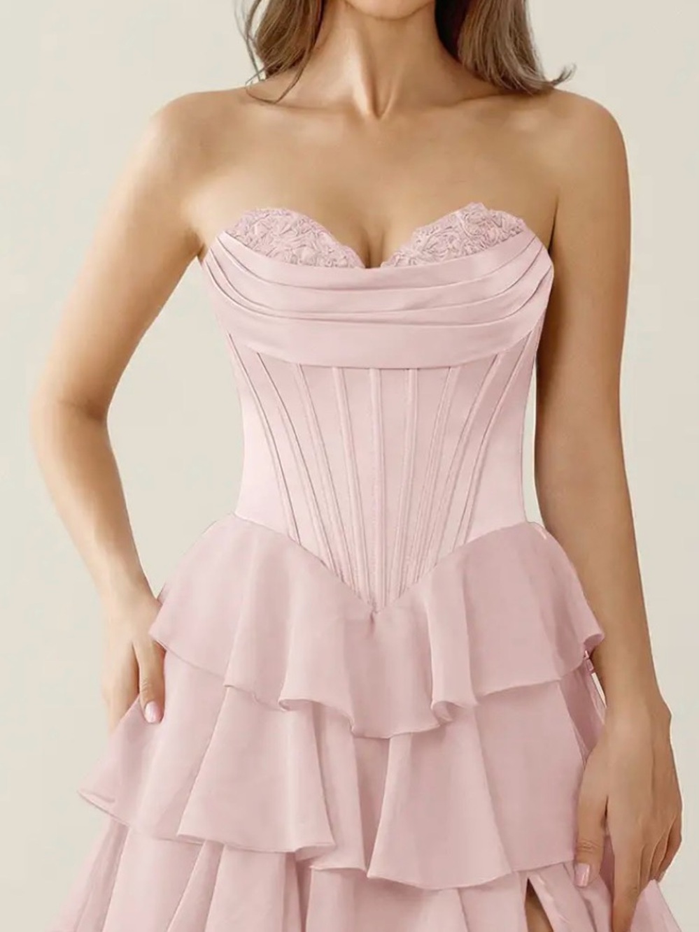 Strapless Ruffle Tiered Prom Dress in Blush Pink